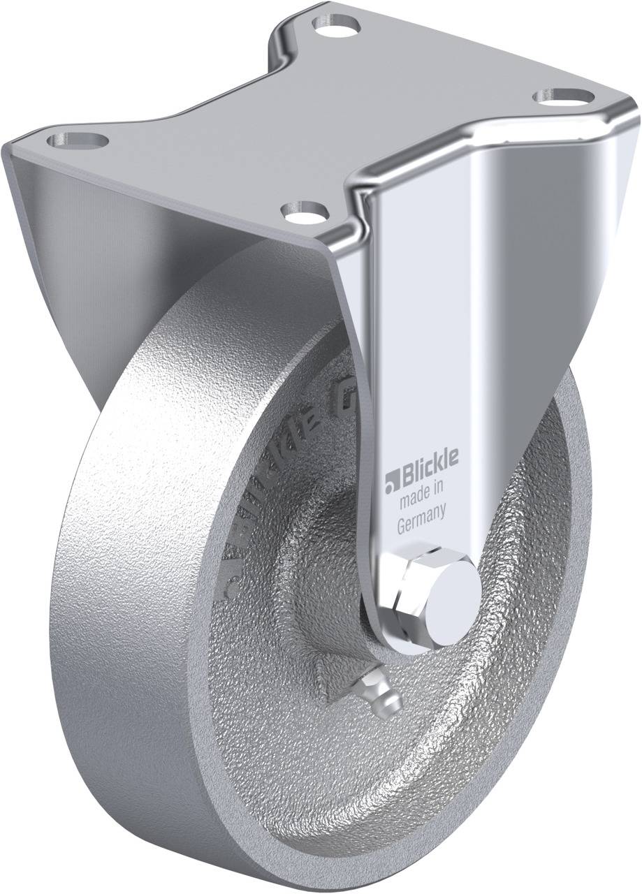 Een zilveren wiel met een metalen bevestiging. Het wiel is glad en glanzend, met de tekst 'Blickle made in Germany' aan de zijkant.