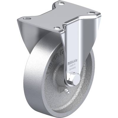 Een zilveren wiel met een metalen bevestiging. Het wiel is glad en glanzend, met de tekst 'Blickle made in Germany' aan de zijkant.