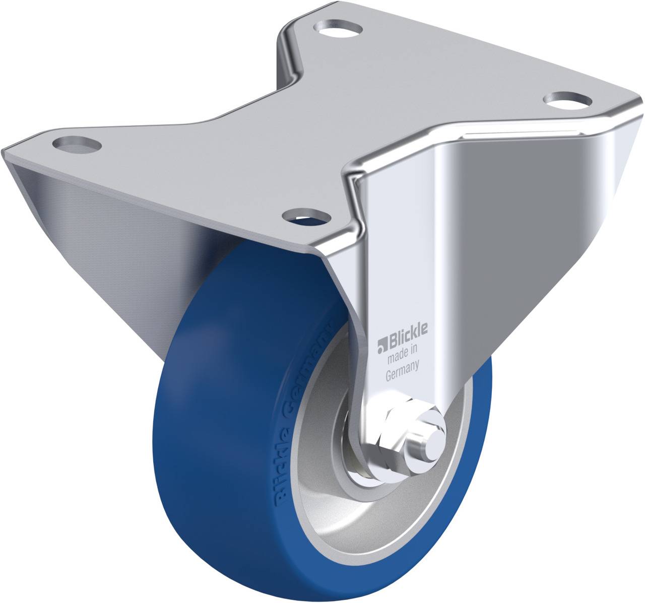 Een enkele wielen met een blauwe polyurethaan loopvlak en een robuuste metalen ophanging, geschikt voor industriële machines.