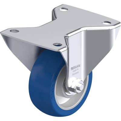 Een enkele wielen met een blauwe polyurethaan loopvlak en een robuuste metalen ophanging, geschikt voor industriële machines.
