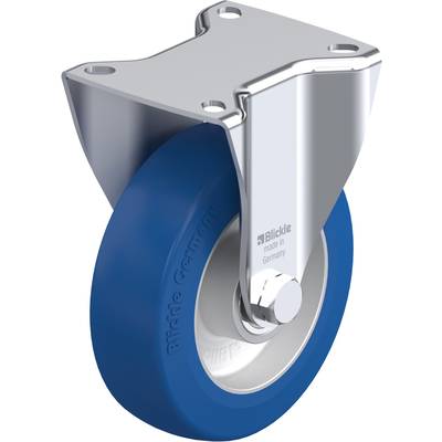 Industriële stuurwiel met blauwe rubberen band en metalen behuizing. Geprofileerd oppervlak met ingedrukt logo 'Blickle Germany'.
