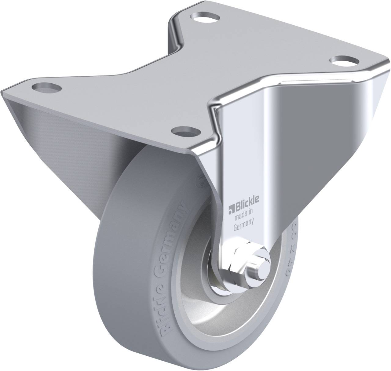 Zwenkwiel met grijs wiel en metalen behuizing. Merknaam 'Blickle' en 'Made in Germany' ingeslagen op de metalen plaat.