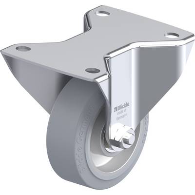 Zwenkwiel met grijs wiel en metalen behuizing. Merknaam 'Blickle' en 'Made in Germany' ingeslagen op de metalen plaat.