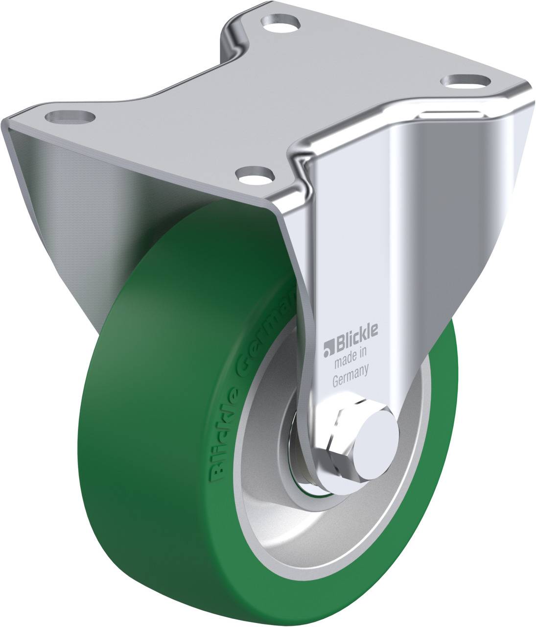 Zwenkwiel met groen wiel en behuizing van geborsteld zilver, waarop 'made in Germany' staat. Geschikt voor industriële toepassingen.