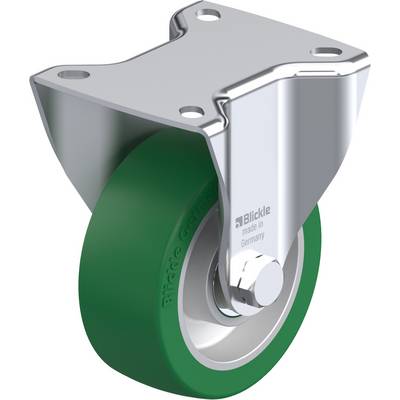 Zwenkwiel met groen wiel en behuizing van geborsteld zilver, waarop 'made in Germany' staat. Geschikt voor industriële toepassingen.