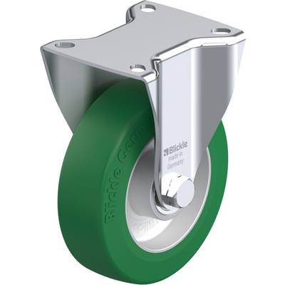 De afbeelding toont een groen wiel met een zilveren bevestiging waarop 'Blickle, made in Germany' staat.