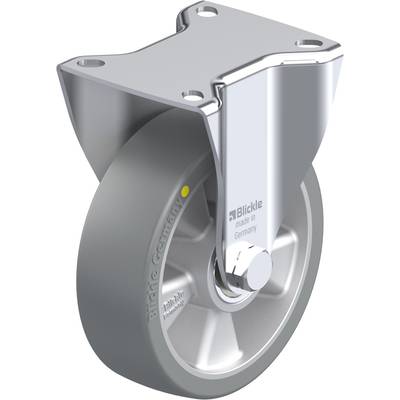 Grijze zwenkwiel met zilveren metalen behuizing en bevestigingsplaat van het merk Blickle, vervaardigd in Duitsland.