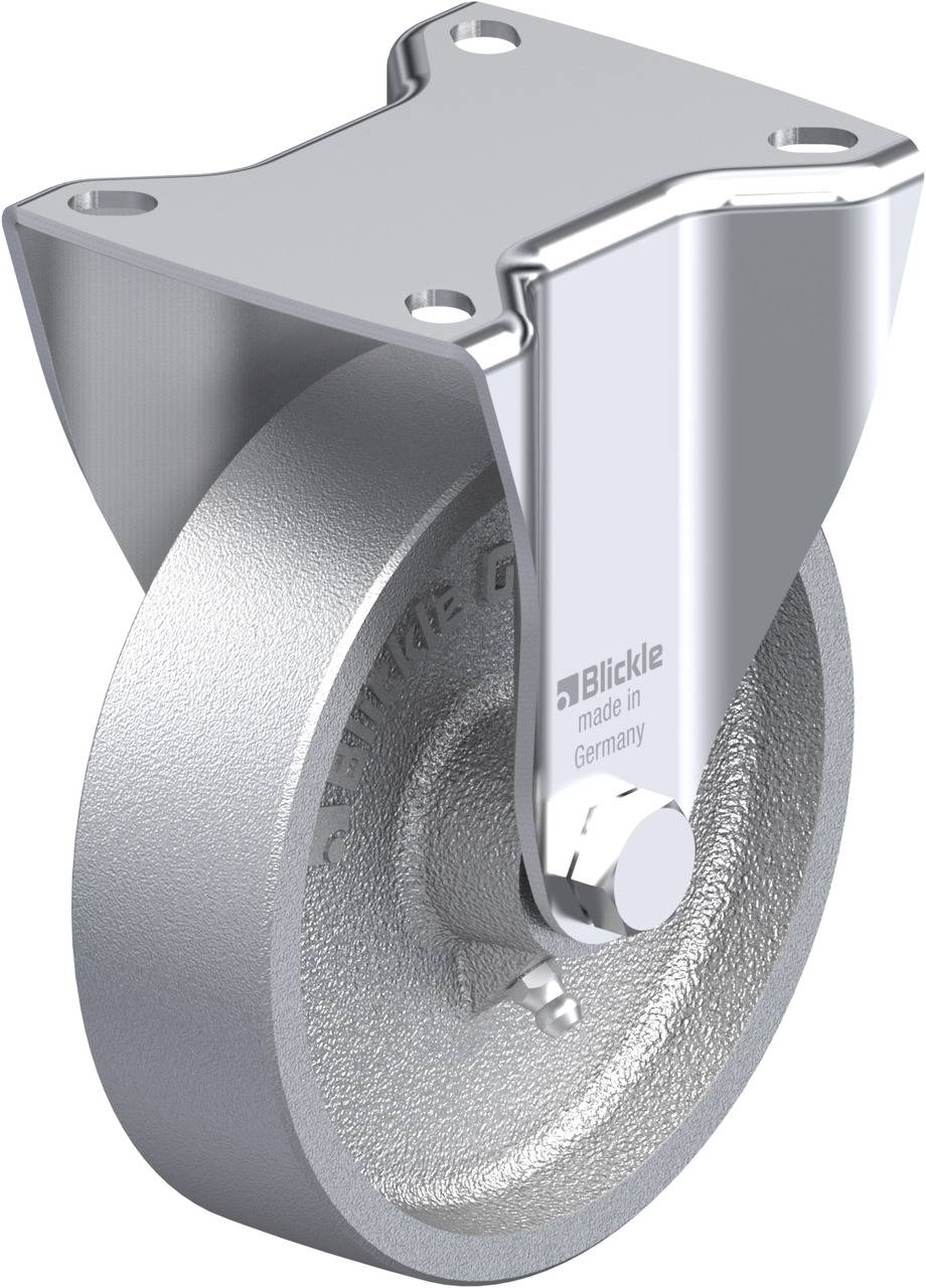 Industriewiel van metaal met houder en opschrift 'Blickle made in Germany'.