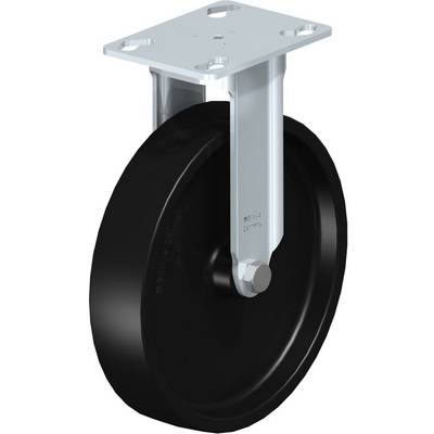Industrieel wiel met een zwart glanzende, ronde loopvlakte en een metalen bevestigingsbeugel voor montage aan een apparaat of meubelstuk.