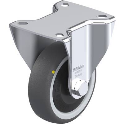 'Grijs-zwart stuurwiel met metalen behuizing en opschrift 'Blickle made in Germany'.'