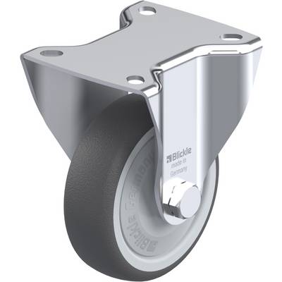 Metalen wiel met zwart rubber, gemonteerd op een beugel met twee schroefgaten. Opschrift: 'Blickle made in Germany'.