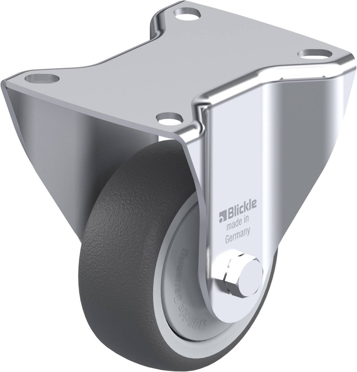 Metalen stuurwiel-behuizing met centraal wiel. Opschrift 'Blickle made in Germany' op de behuizing.