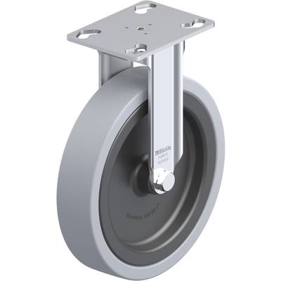Een grijs metalen wiel met een vaste bevestiging, geschikt voor zware lasten, met een gladde oppervlakte en een platte montageplaat.