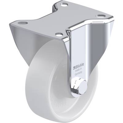 Zwenkwiel met wit wiel en behuizing van zilver metaal. Gemarkeerd met 'Blickle made in Germany'. Gebruikt voor meubels of transportkarren.