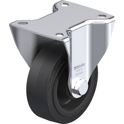 Metalen zwenkwiel met zwarte rubberen band, geschikt voor meubels en apparatuur, gemarkeerd met 'Blickle made in Germany'.