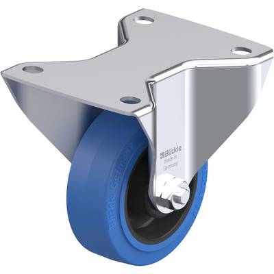 Een blauwe wiel met metalen bevestiging, geschikt voor transportmiddelen of meubilair met wielen.