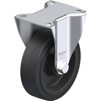 Industriële zwenkwiel van zwart rubber met een zilver metalen behuizing, geschikt voor lasten met vier bevestigingsbouten.