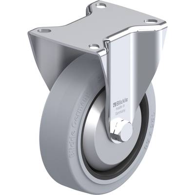 Metalen en rubberbekleed wiel met bevestigingssteun en montageplaat, voorzien van de opdruk 'Blickle made in Germany'.