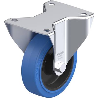 Blauw wiel met een zwarte kern, gemonteerd op een zilveren, metalen bevestiging. Tekst op het wiel: 'Blickle Germany'.