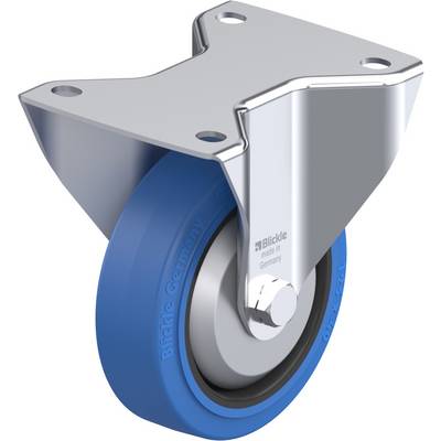 Blauw zwenkwiel met vaste metalen behuizing, geschikt voor transportapparatuur. Tekst 'Blickle made in Germany' zichtbaar op het wiel.
