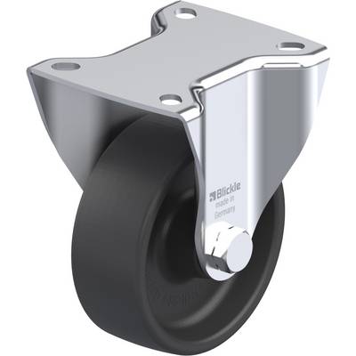 Metalen zwenkwiel met zwart wiel en rechthoekige montageplaat, geschikt voor industriële toepassingen; opschrift 'Blickle made in Germany'.