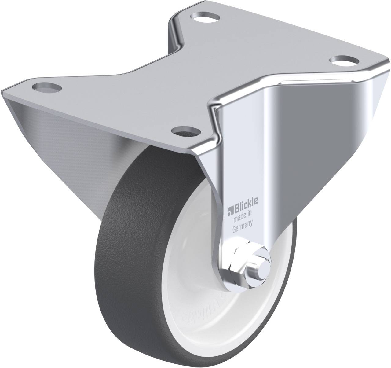 Zwart wiel met zilveren bevestiging, geschikt voor meubilair of transportapparatuur. Opschrift 'Blickle made in Germany' zichtbaar.