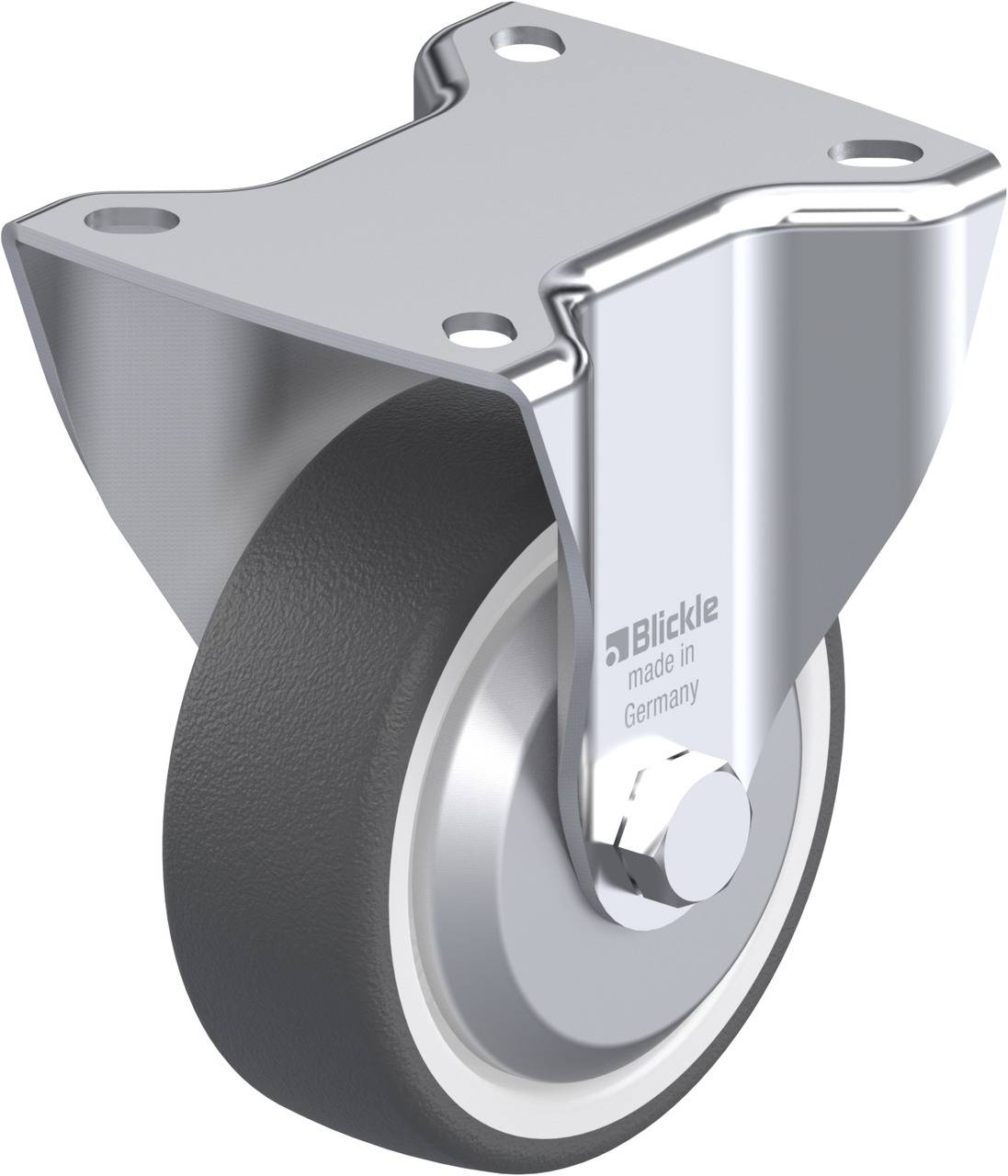 Metalen rol met grijs wiel, bovenaan monteerbare beugel en opschrift 'Blickle made in Germany'.