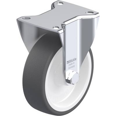 Grijs-zwarte harde rubberen zwenkwiel met metalen bevestiging; geschikt voor meubels of transportkarren. Opdruk: 'Blickle made in Germany'.