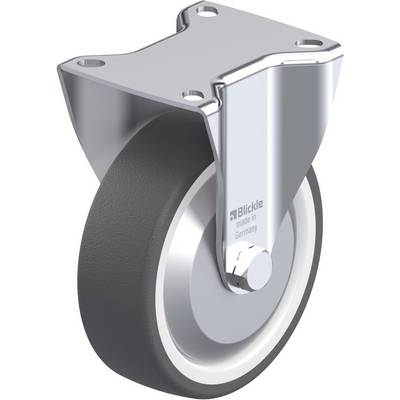 Industriële stuurwiel van metaal met een zwart wiel. Opschrift 'Blickle made in Germany' zichtbaar. Gebruikt voor zware toepassingen.