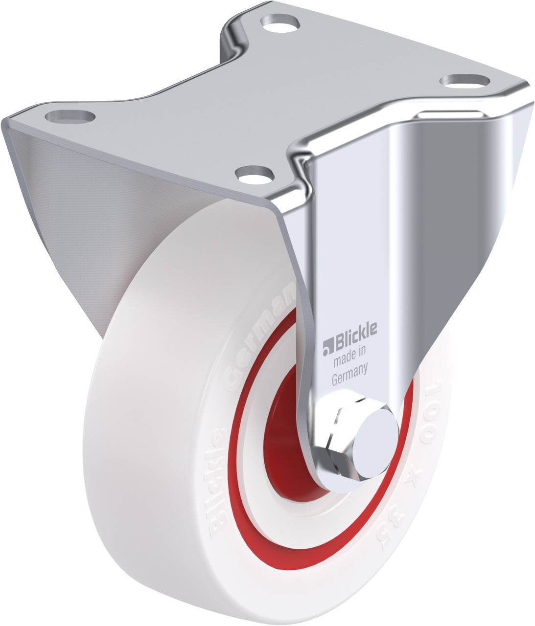 Metalen zwenkwiel met wit kunststofwiel en rode accent. Opschrift 'Blickle made in Germany' op de bevestiging.