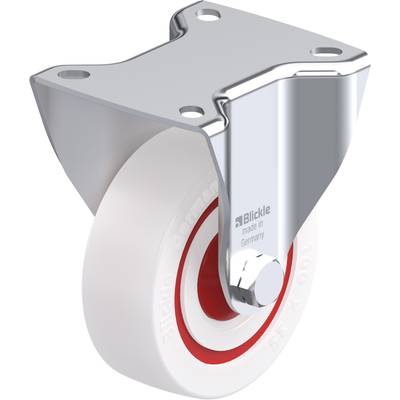 Metalen zwenkwiel met wit kunststofwiel en rode accent. Opschrift 'Blickle made in Germany' op de bevestiging.