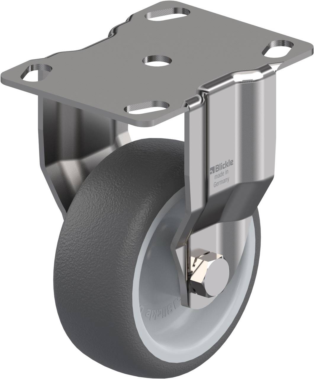 Metalen rol met bevestigingsplaat. Geschikt voor meubels of transportkarren, vervaardigd uit stevig materiaal met een gladde, grijze loopvlak.