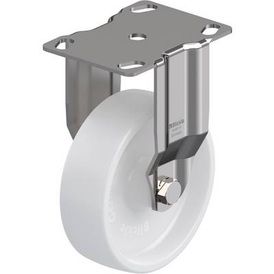 Een zilveren transportwiel met een wit wiel, gemonteerd op een metalen plaat. Geschikt voor meubels en industriële toepassingen.