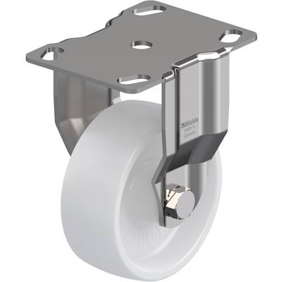 Een witte rol met metalen bevestiging, bedoeld voor montage aan meubels of apparaten. Robuust en geschikt voor mobiliteit.