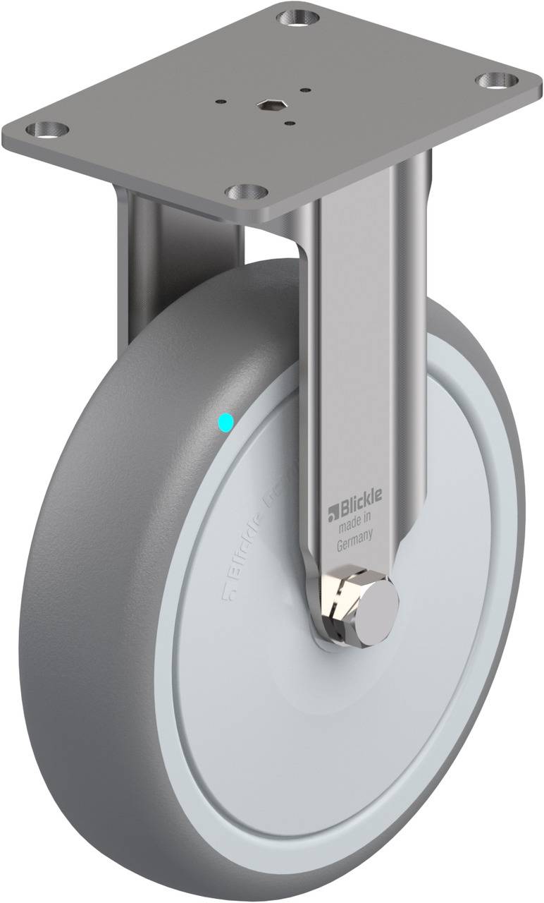 Industriële rol met grijs wiel en metalen plaat voor montage, geschikt voor zware belastingen.