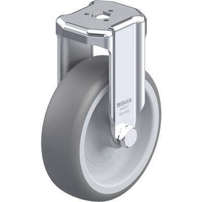 Grijs wiel met zilveren behuizing en een bevestigingsgat bovenaan. Opschrift: 'Blickle, made in Germany'.