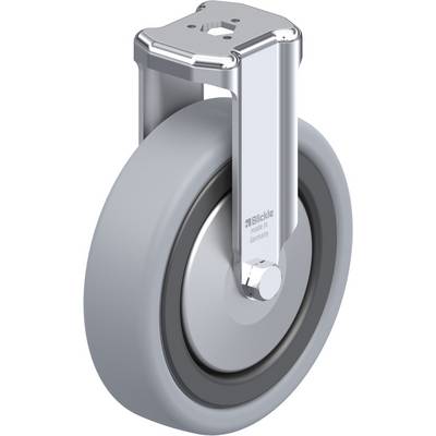 Industriële zwenkwiel met grijs wiel en zilveren houder, opschrift 'Blickle Made in Germany' op de houder, geschikt voor machines.
