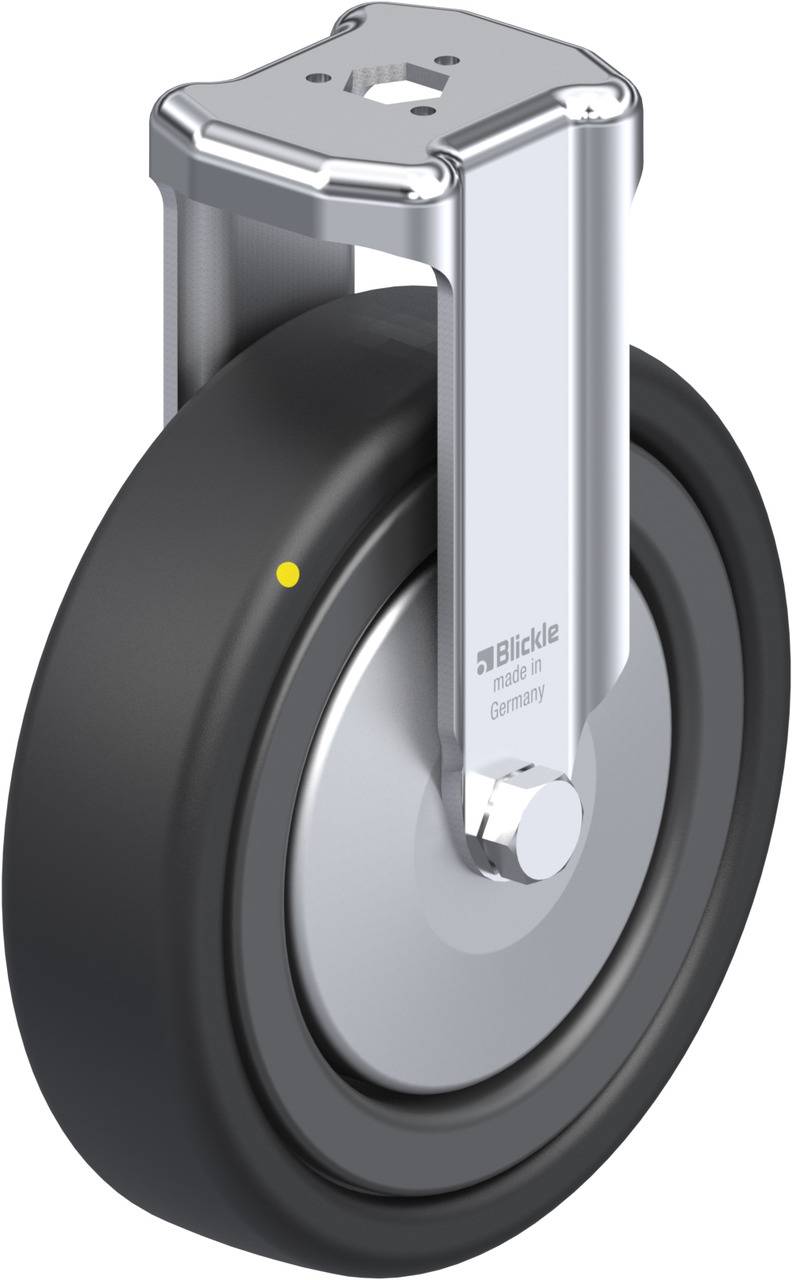 Zwenkwiel met metalen bevestiging, robuust ontwerp, zwarte rubberen band. Geschikt voor industrie- en transporttoepassingen.