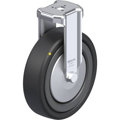 Zwenkwiel met metalen bevestiging, robuust ontwerp, zwarte rubberen band. Geschikt voor industrie- en transporttoepassingen.