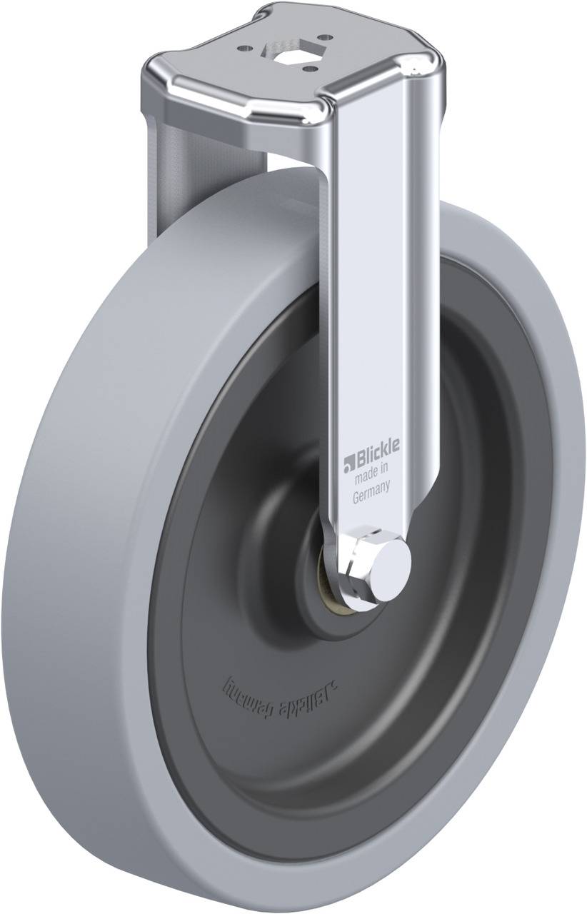 Een grijs industrieel zwenkwiel met een smal metalen houder, van het merk Blickle, geschikt voor zware lasten en industriële toepassingen.
