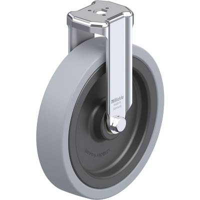 Een grijs industrieel zwenkwiel met een smal metalen houder, van het merk Blickle, geschikt voor zware lasten en industriële toepassingen.