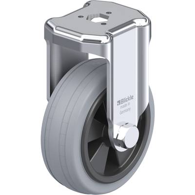 Metalen wiel met grijze rubberen band en bevestigingsplaat bovenaan. Opschrift 'Blickle made in Germany' aan de zijkant.