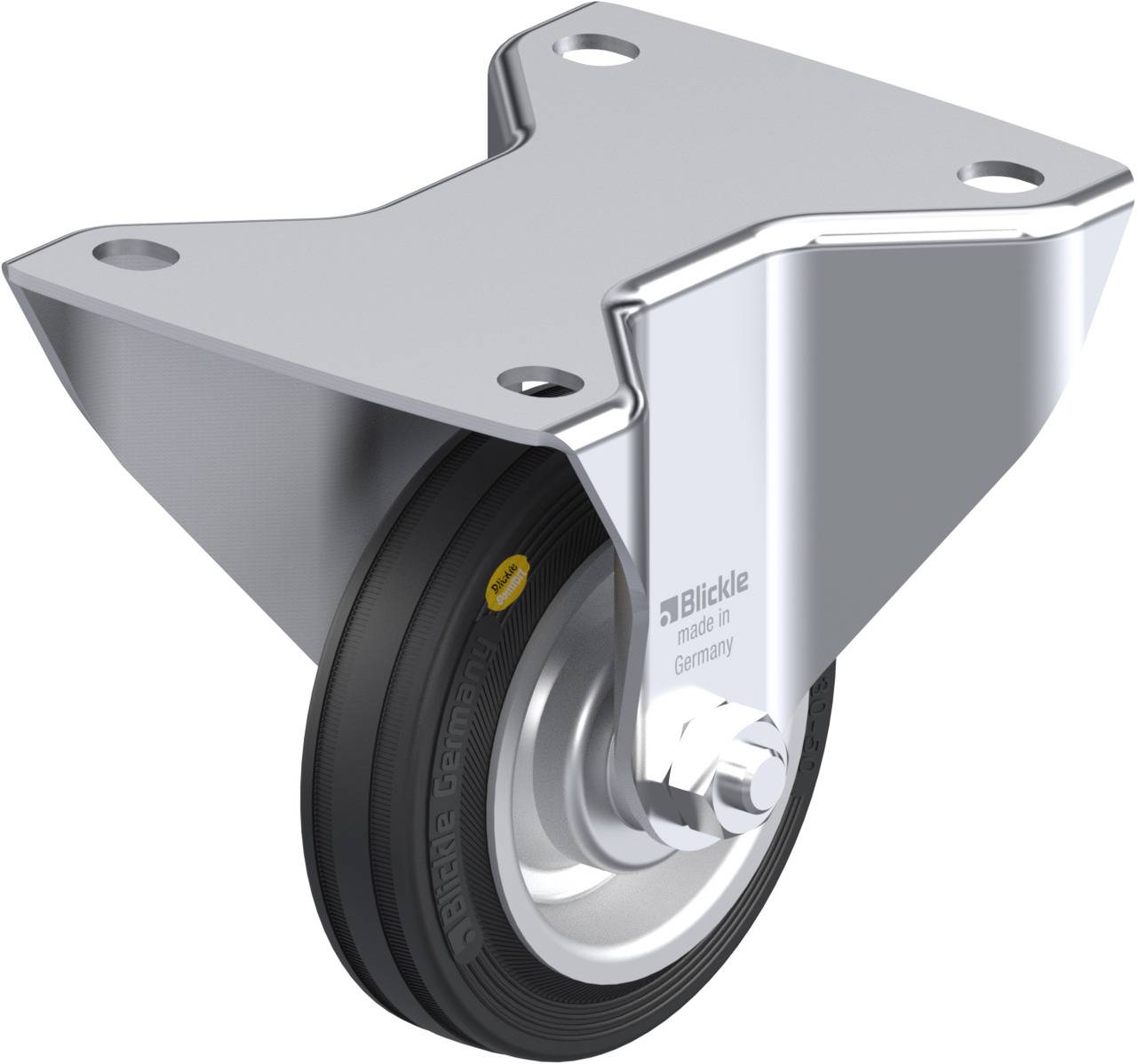 Metalen stuurwiel met zwarte rubberen band en opschrift 'Blickle'. Bevestigingsplaat met gaten voor montage.