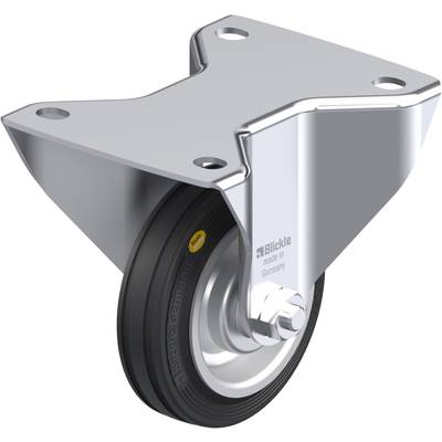 Metalen stuurwiel met zwarte rubberen band en opschrift 'Blickle'. Bevestigingsplaat met gaten voor montage.