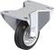 Metalen stuurwiel met zwarte rubberen band en opschrift 'Blickle'. Bevestigingsplaat met gaten voor montage.