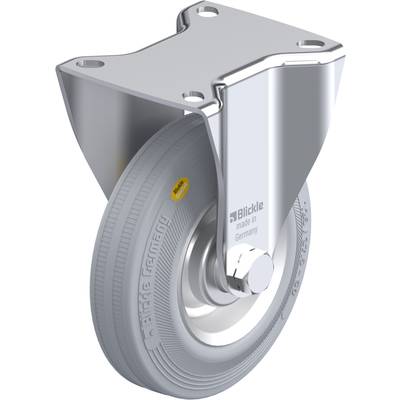 Zwenkwiel met grijs wiel, metalen plaat voor bevestiging aan de bovenkant, merk 'Blickle', vervaardigd in Duitsland.