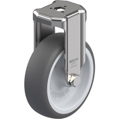 Industriële zwenkwiel met metalen behuizing en grijs wiel. Wiel met gladde oppervlakte en glanzende metalen houder.
