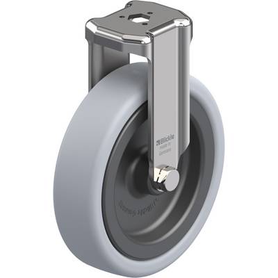 Grijs wiel met robuuste metalen behuizing, opschrift 'Blickle Made in Germany' op de steun, geschikt voor industriële toepassingen.