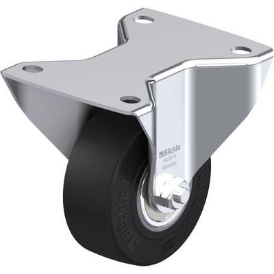 Zwenkwiel met zwart rubber en een glanzende metalen voet. Geschikt voor meubilair of apparaten die beweging vereisen.