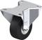 Zwenkwiel met zwart rubber en een glanzende metalen voet. Geschikt voor meubilair of apparaten die beweging vereisen.